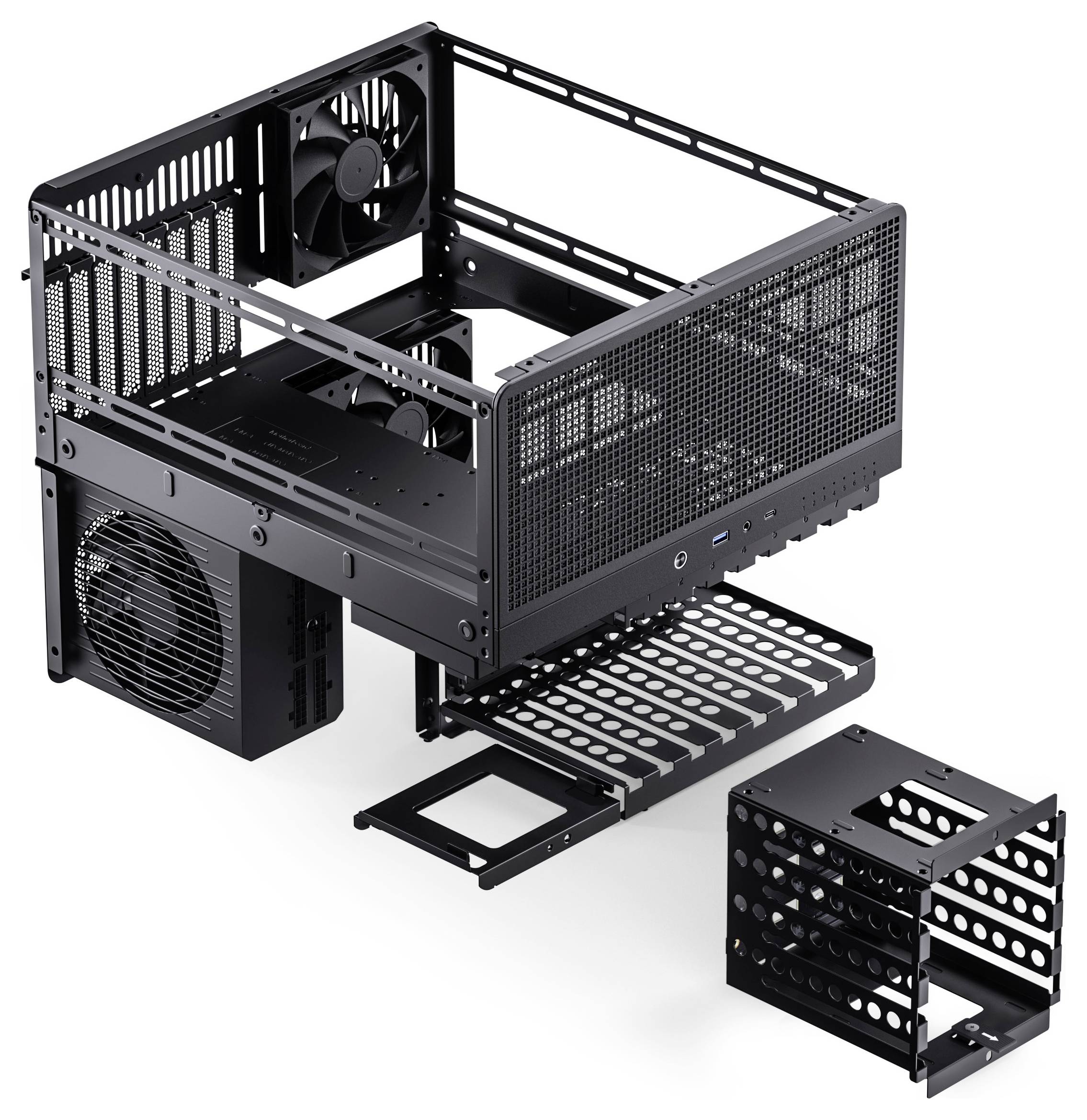 Telaio computer aperto con componenti modulari, dotato di pannelli regolabili, ventole di raffreddamento e slot per alimentatore e dispositivi di archiviazione.
