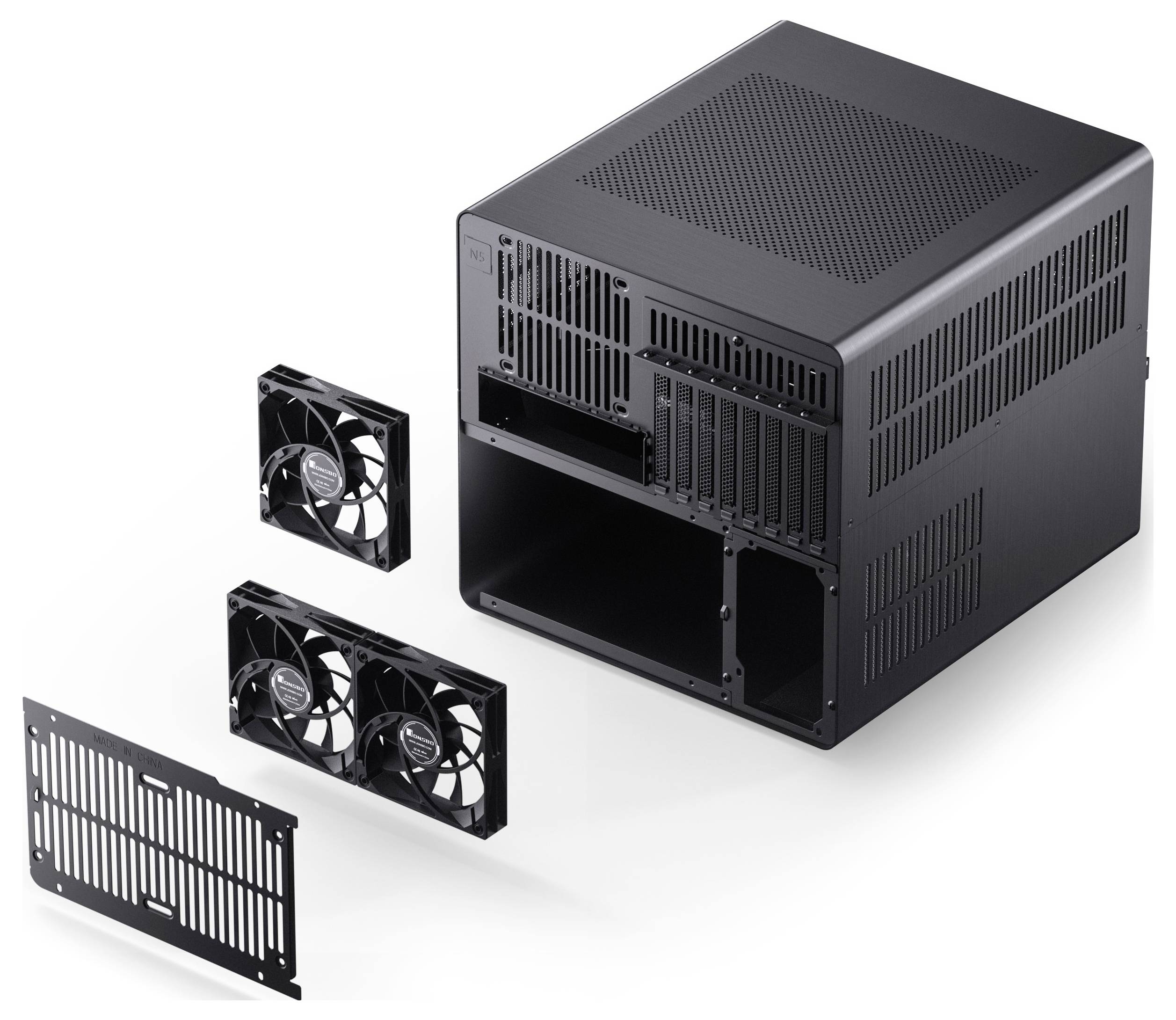 Un case nero per computer con due ventole di raffreddamento staccate e un pannello, che illustra i componenti per l'assemblaggio o la modifica di un computer.