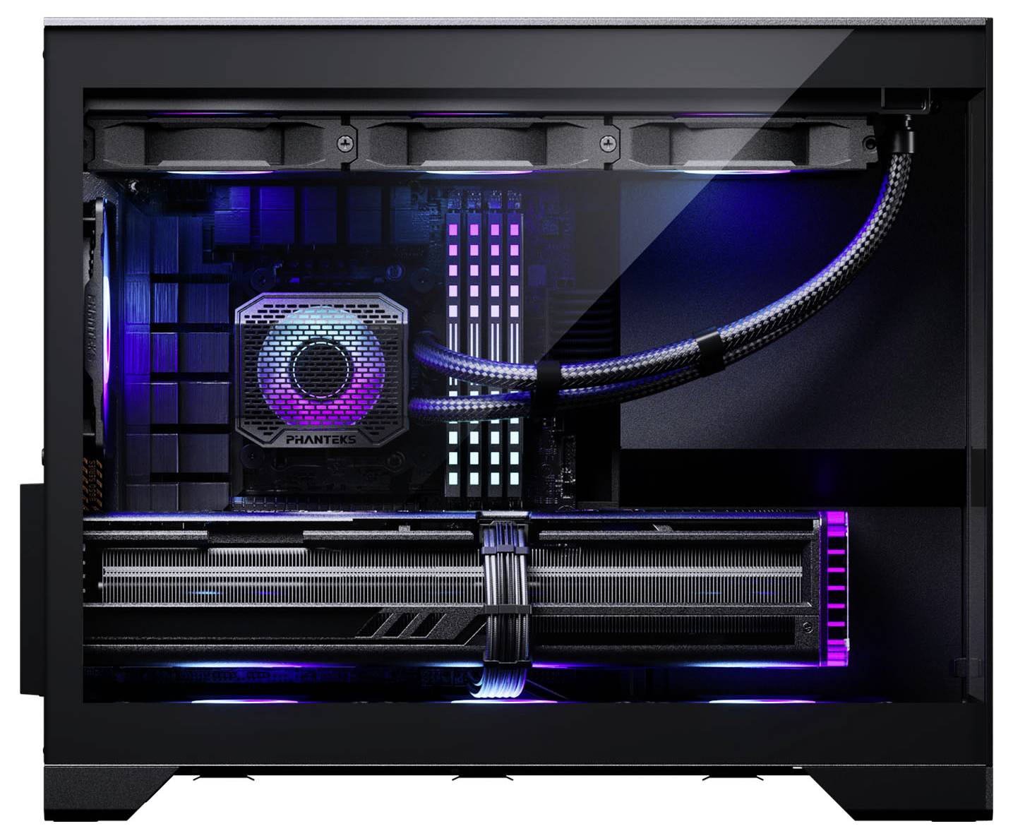 Una torre di un computer desktop con un pannello laterale trasparente rivela i componenti interni, tra cui una scheda grafica, un sistema di raffreddamento e illuminazione RGB.