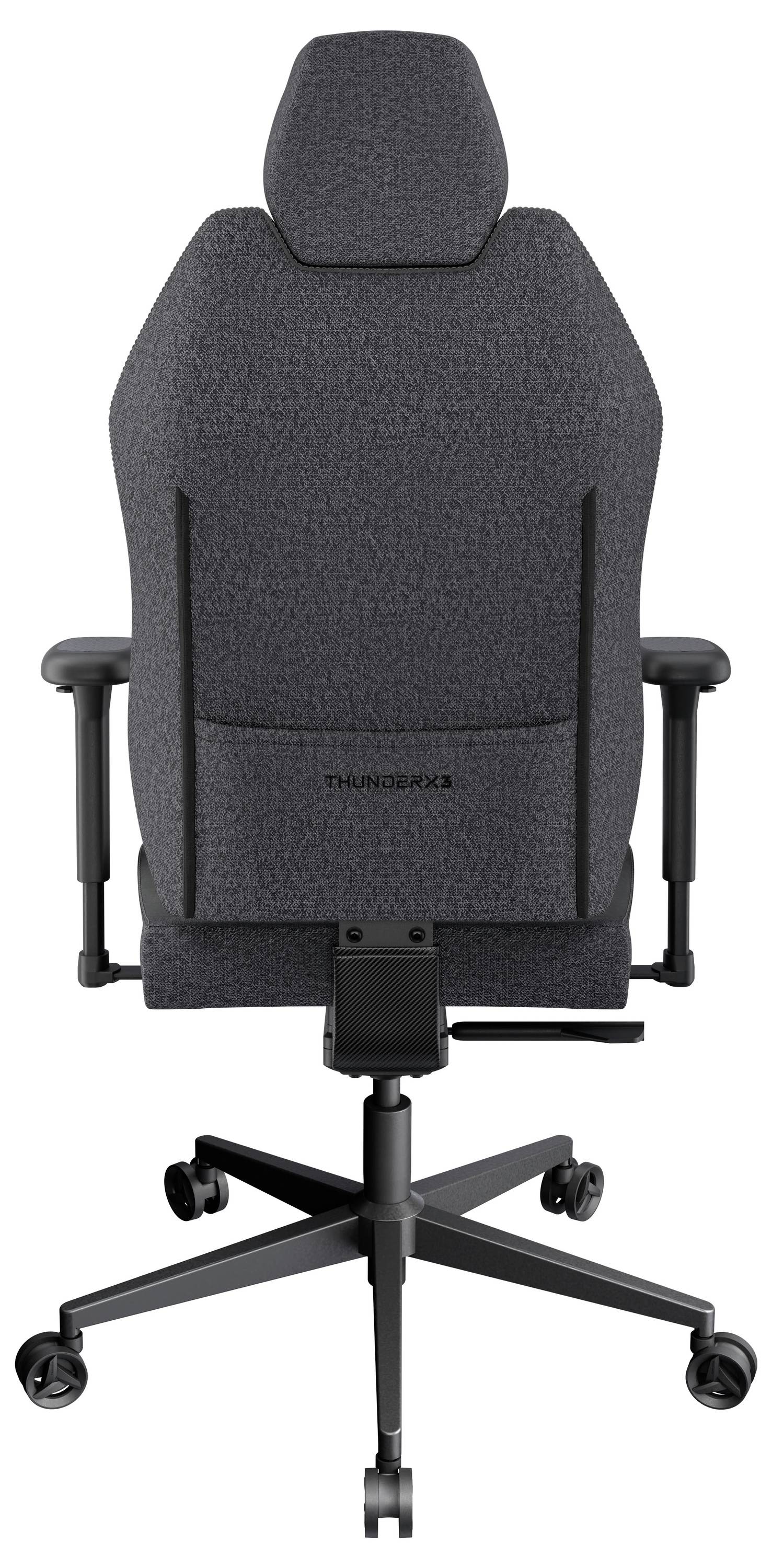 Una sedia da ufficio ergonomica nera con braccioli regolabili e poggiatesta, vista dal retro. Ha cinque ruote e una base robusta.