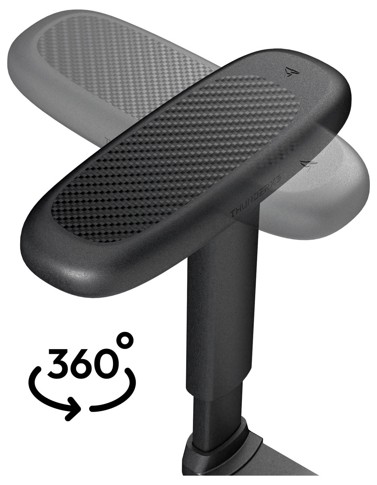 Un bracciolo nero regolabile con superficie testurizzata che ruota di 360 gradi, dimostrando la sua completa gamma di movimento.