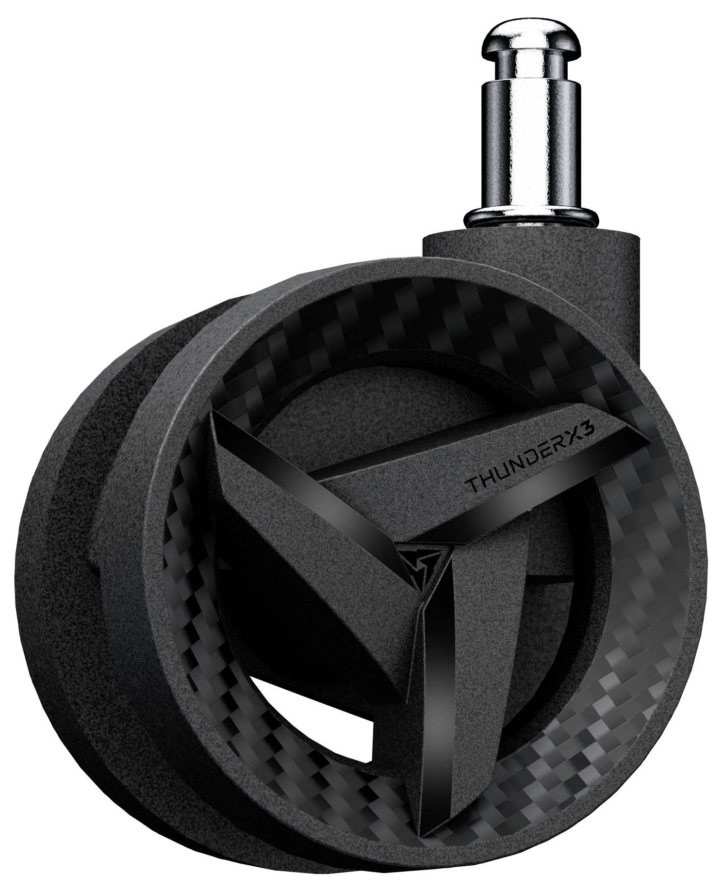 Ruota girevole nera con testo 'ThunderX3', con un design elegante e stelo metallico, tipicamente utilizzata per sedie da gaming o mobili per ufficio.