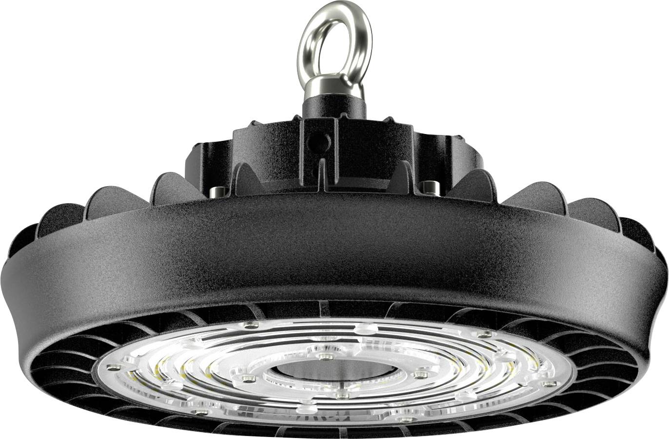 Una luce industriale LED da alta quota di colore nero con un gancio metallico per l'appensione, caratterizzata da un design circolare e con componenti LED interni visibili.