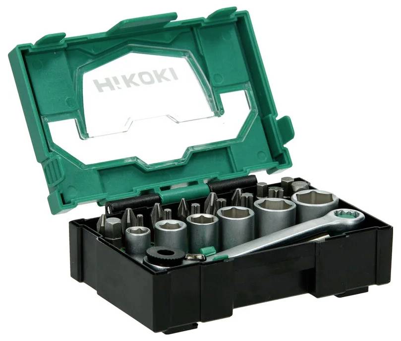 Un set di bussole HiKOKI verde e nero con multiple bussole, inserti e una chiave a cricchetto, organizzati in un contenitore con coperchio trasparente.