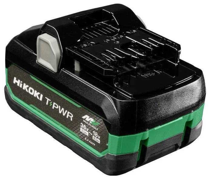 Una batteria per utensile elettrico senza fili nero e verde etichettata 'HiKOKI T-PWR 18V Li-ion'.
