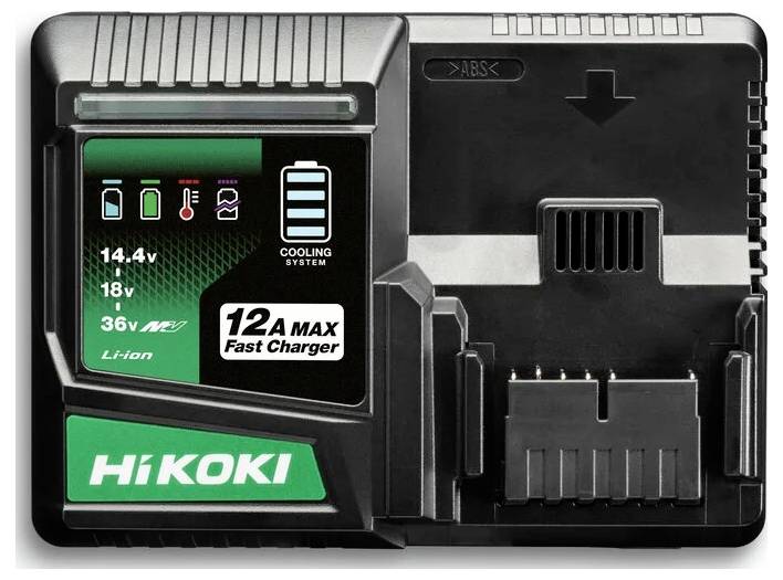 Caricabatterie HiKOKI per batterie al litio-ione nero e verde con specifiche che indicano compatibilità con 14,4v, 18v e 36v e ricarica rapida massima di 12A.