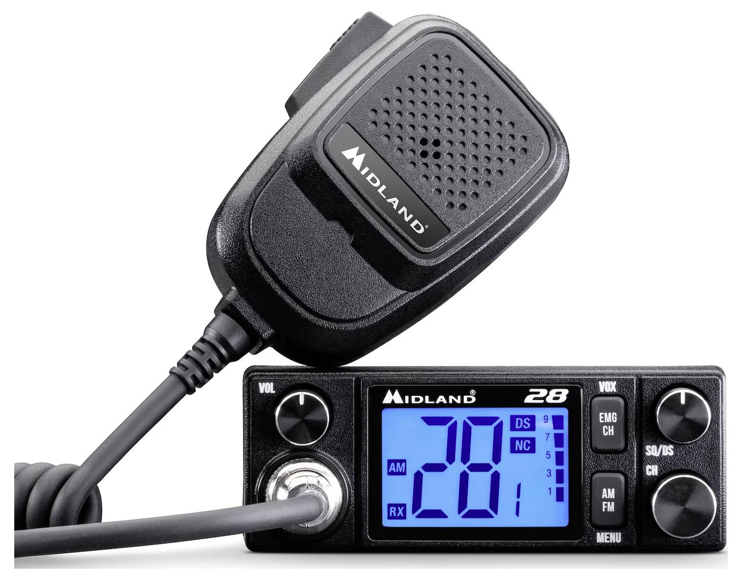 Ricetrasmettitore CB con microfono e display digitale che mostra il canale '28', con comandi per volume, squelch e impostazioni del menu.