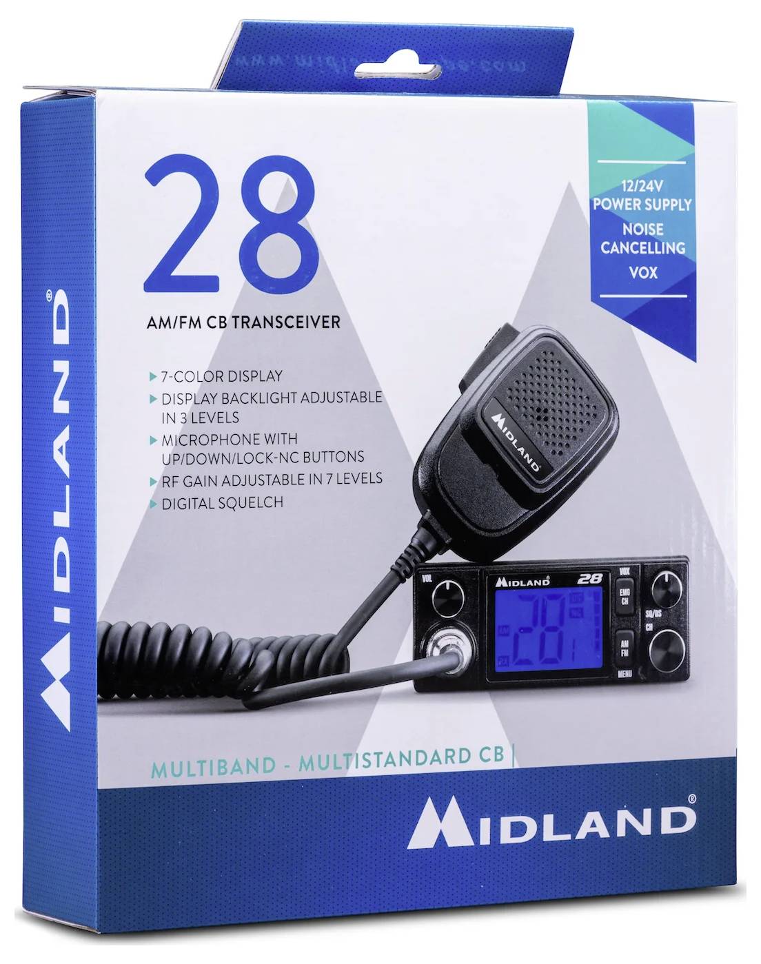'Scatola contenente un ricetrasmettitore CB Midland AM/FM con etichetta '28', dotato di un microfono con comandi, display e VOX per la riduzione del rumore.'