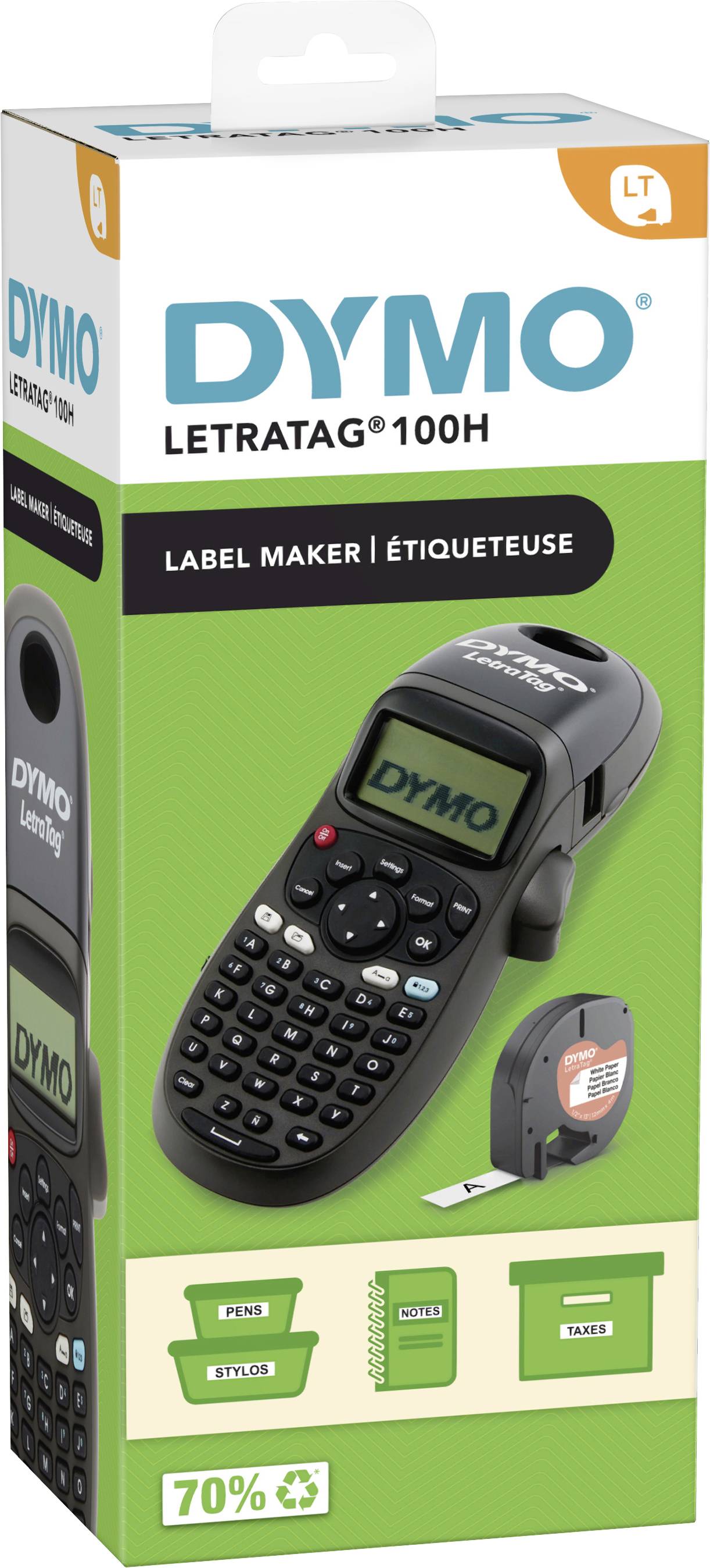 Packaging per 'DYMO LetraTag 100H label maker' che mostra il dispositivo, etichette di esempio, una cartuccia di nastro e il testo '70%' che indica un risparmio sul nastro.