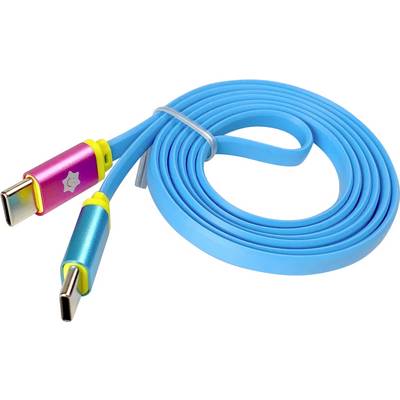 Un cavo USB-C arrotolato di colore blu con connettori rosa e verde vivaci, che presenta un simbolo a stella su un'estremità, poggiato su uno sfondo bianco.