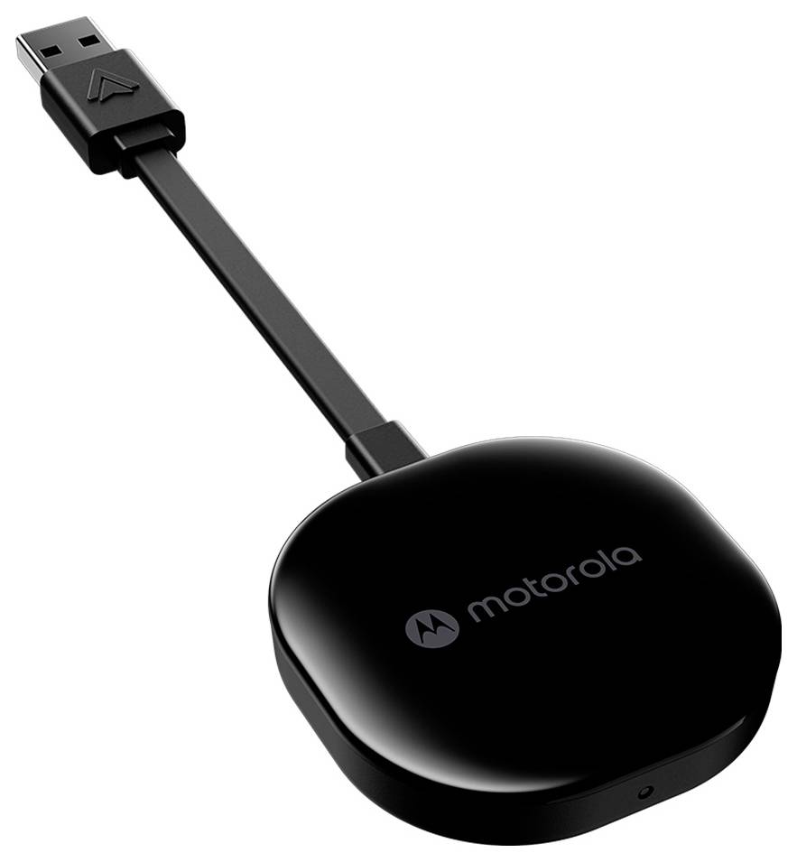 Un dispositivo di streaming USB Motorola nero con logo e cavo collegato, utilizzato per connettersi a display digitali o televisioni.