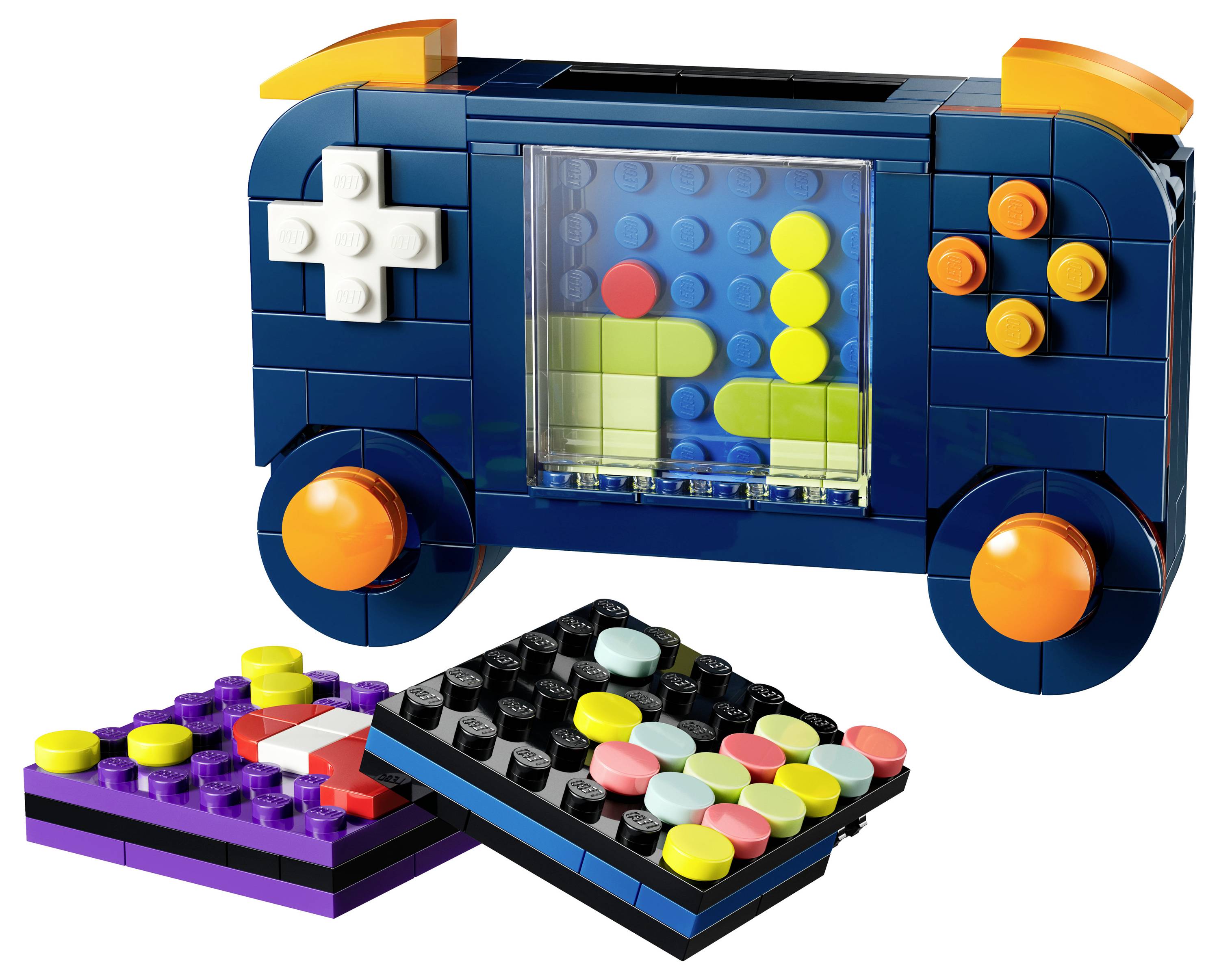 Un controller per giochi giocattolo fatto di blocchi colorati e intercalabili, con pulsanti e uno schermo integrato con disegni a blocchi pixelati.