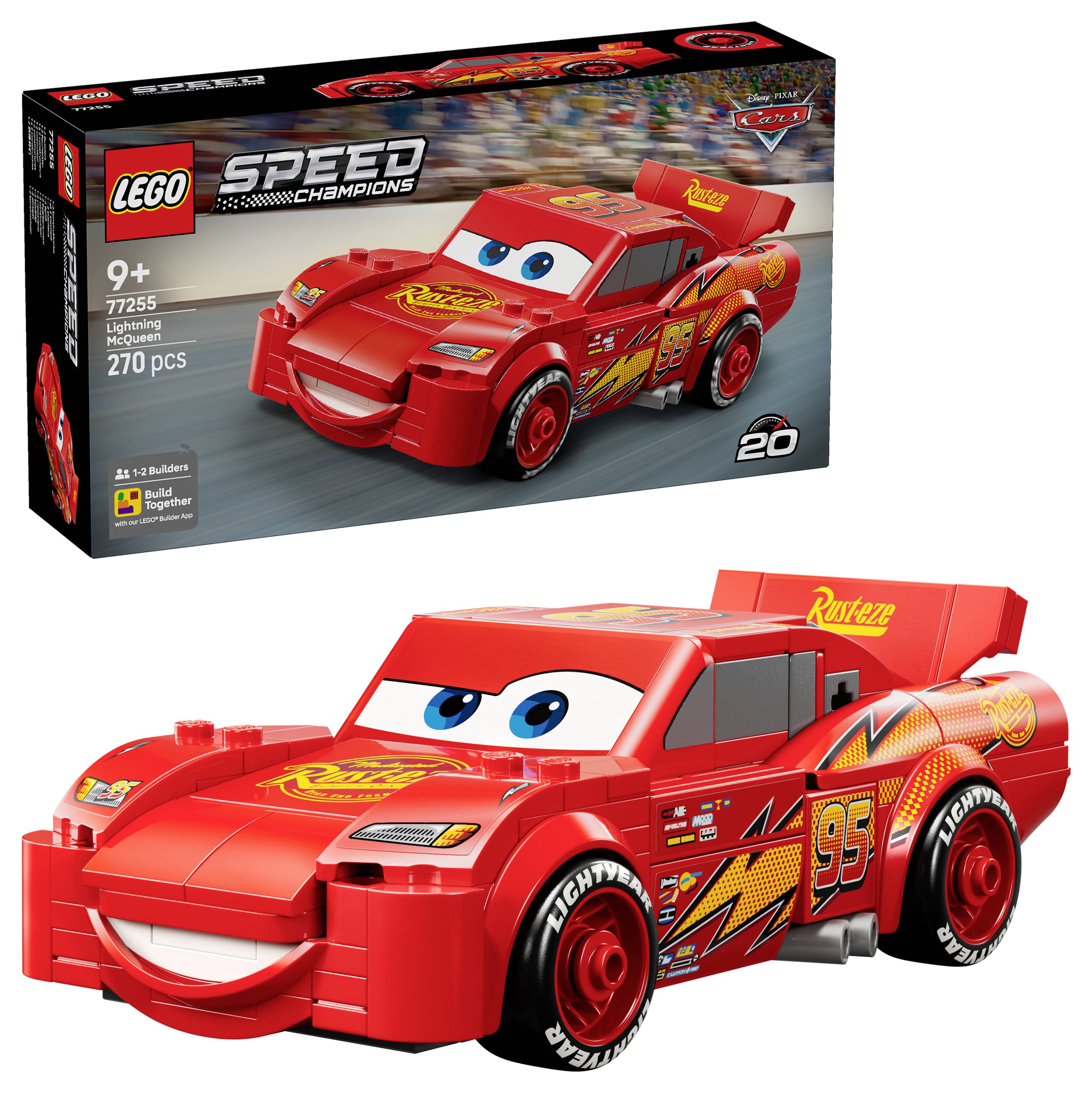 Set LEGO raffigurante un'auto da corsa rossa con occhi e una bocca sorridente, che ricorda un personaggio animato. La scatola mostra 'Speed Champions', numero del set e conteggio dei pezzi.
