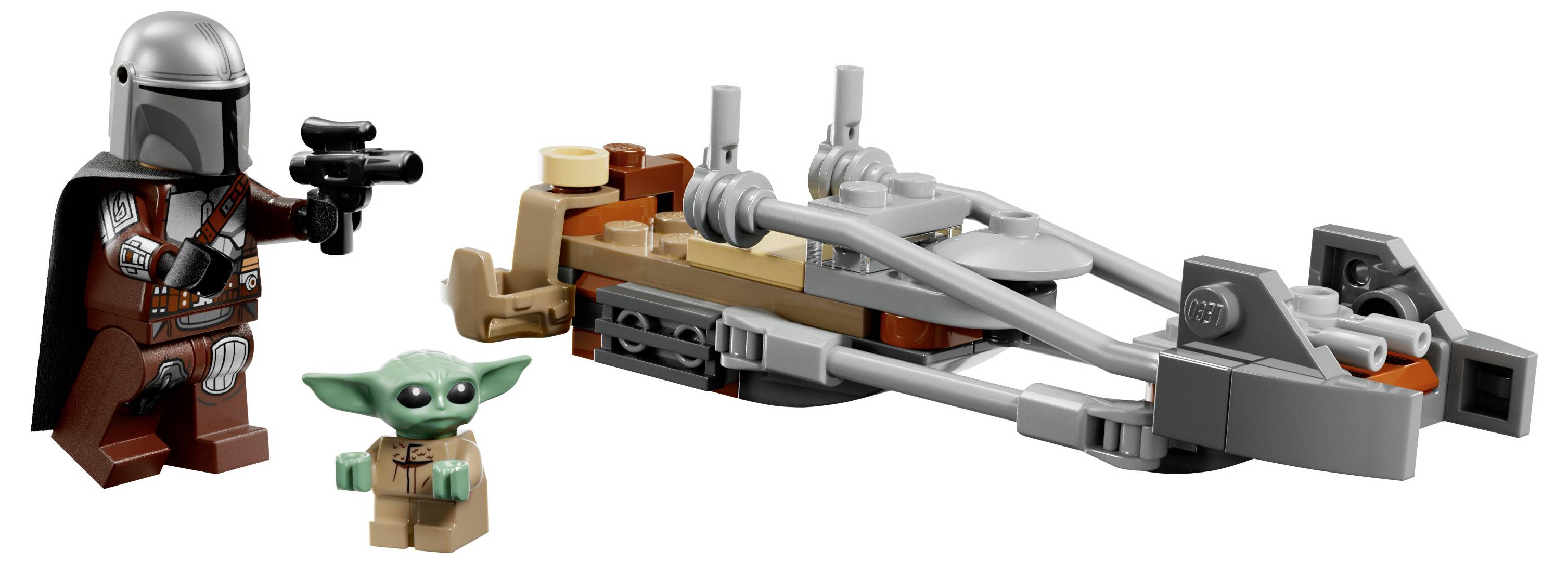 Set LEGO con una figura di un Mandaloriano con una blaster, un piccolo personaggio alieno e una dettagliata speeder bike.
