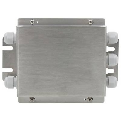 Scatola di giunzione metallica con ingressi per cavi e viti agli angoli, utilizzata per alloggiare connessioni elettriche, garantendo durata e protezione.