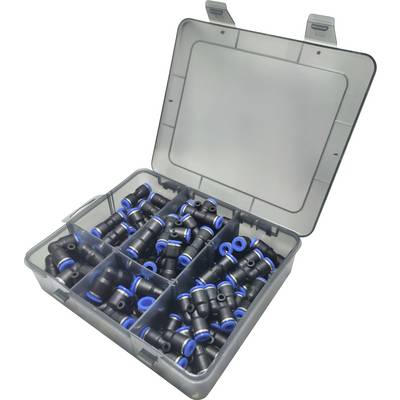 Un contenitore di plastica con più scompartimenti contiene numerosi raccordi per tubi neri con dettagli blu, utilizzati per impianti idraulici o pneumatici.