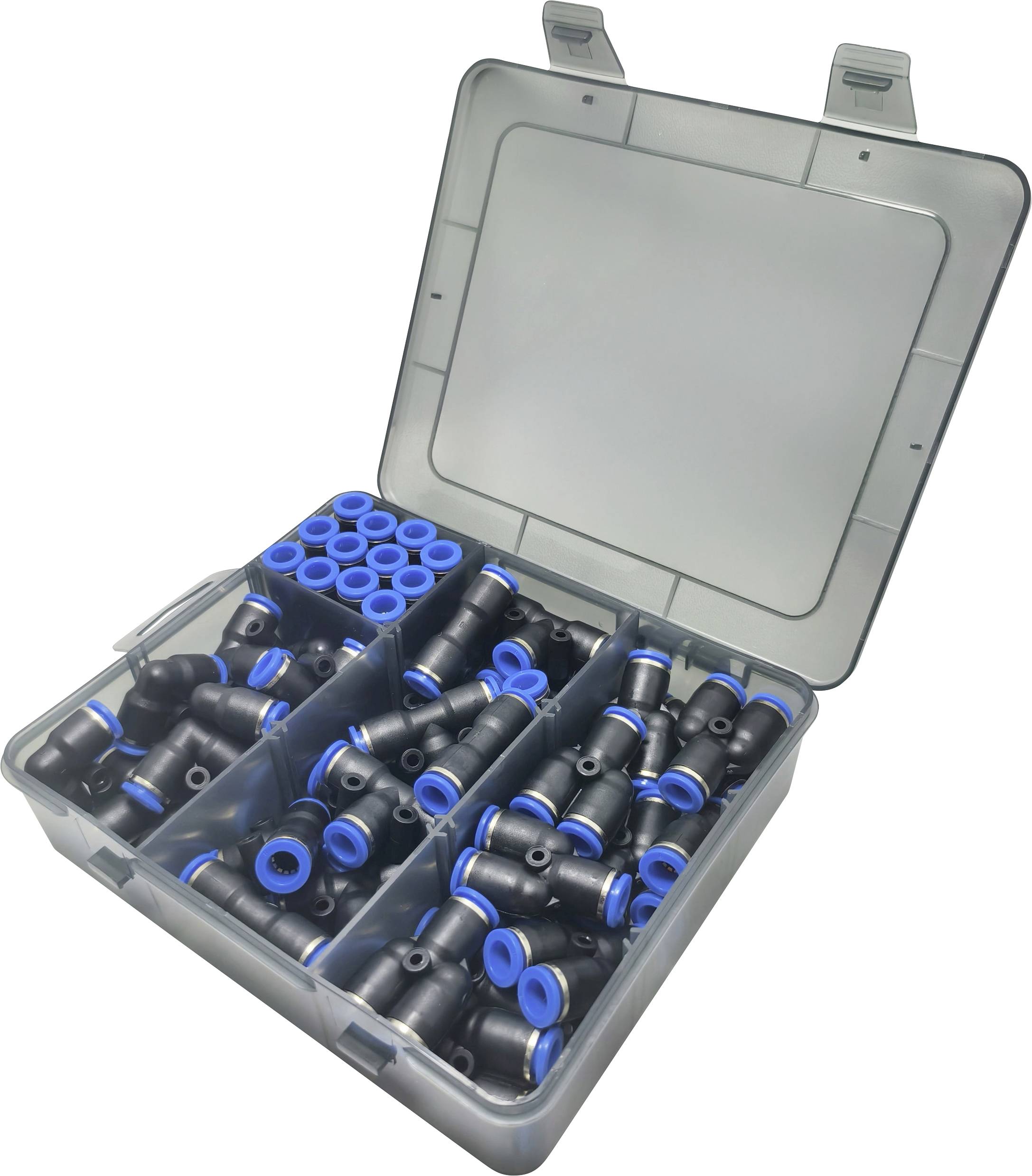 Una scatola di plastica aperta contiene vari formati di raccordi pneumatici neri e blu organizzati in scompartimenti.
