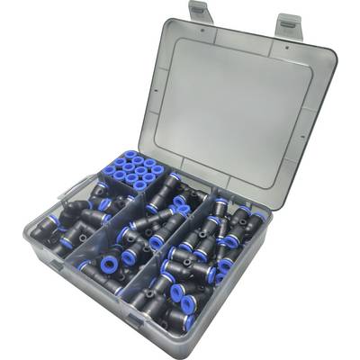 Una scatola di plastica aperta contiene vari formati di raccordi pneumatici neri e blu organizzati in scompartimenti.