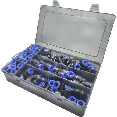 Una scatola di plastica aperta contenente raccordi per tubi in plastica neri e blu assortiti, organizzati in scompartimenti per impianti idraulici o riparazioni.