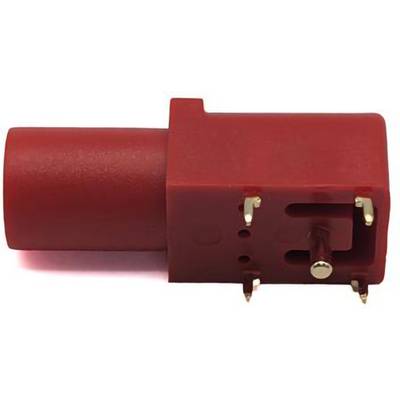 Un componente elettrico cilindrico rosso con una base simile a una scatola e diversi pin metallici che sporgono dal fondo.