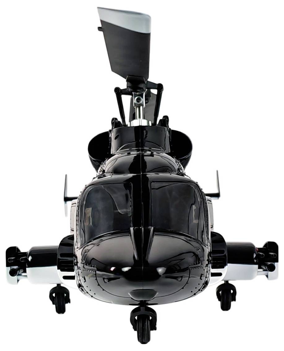 Un modello di elicottero nero e slanciato è mostrato frontalmente, con un cockpit dettagliato, pale rotori e carrello di atterraggio, che ne enfatizza il design.