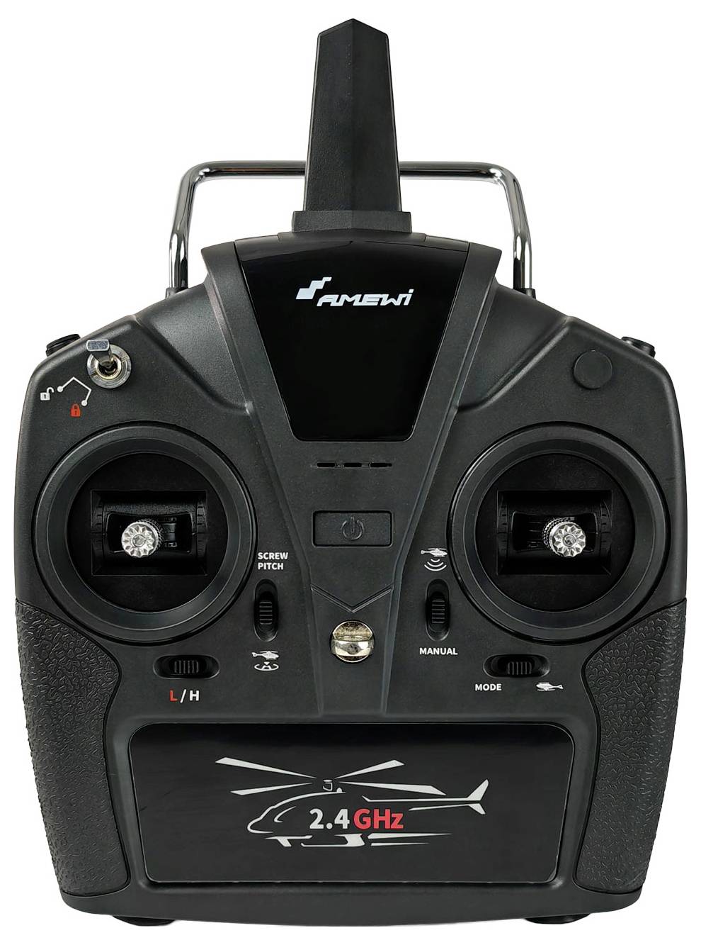 Telecomando nero a marchio 'AmeWi' con doppi joystick, antenna e grafica di un elicottero, etichettato '2.4 GHz' per modellini di aeromobili.