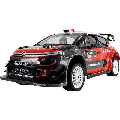 Un modellino di auto da rally Citroën rosso e nero con i marchi Abu Dhabi e Total sui lati, progettato per gli appassionati di auto giocattolo da corsa.
