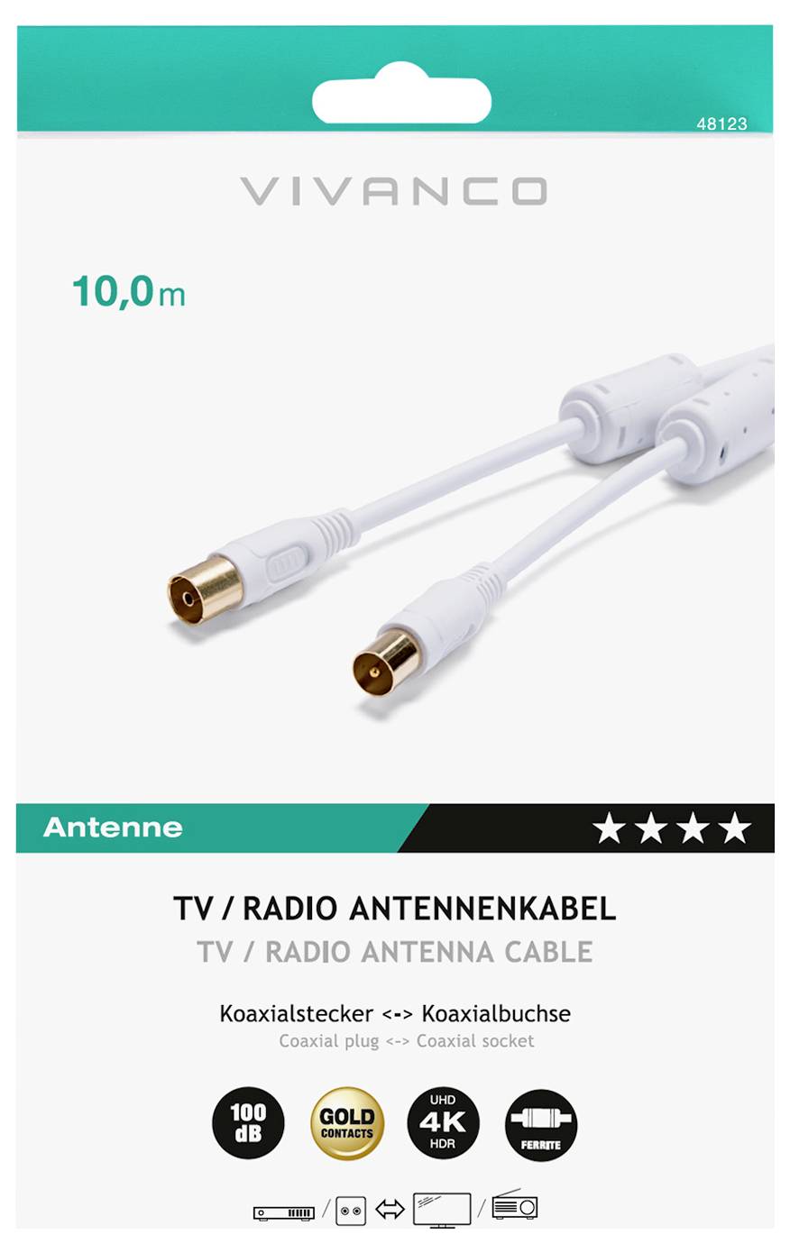 Cavo antenna TV/Radio Vivanco 10.0m con spina e presa coassiale, indicato per 100 dB, Gold Direct, pronto per ULTRA HD 4K, Protezione dalle interferenze.