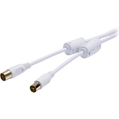 Due cavi coassiali bianchi con connettori in metallo e involucri in plastica, utilizzati per la trasmissione di segnali televisivi e radiofonici.