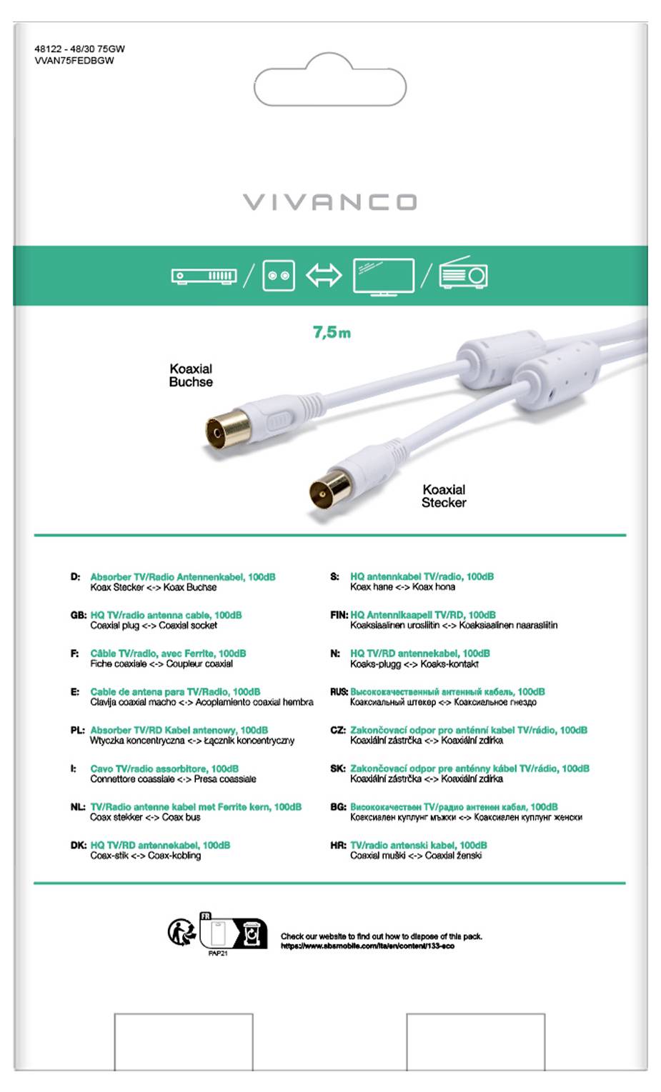Vivanco Antenna, SAT Cavo [1x Spina antenna - 1x ] 10 m 100 dB doppia schermatura Bianco-1
