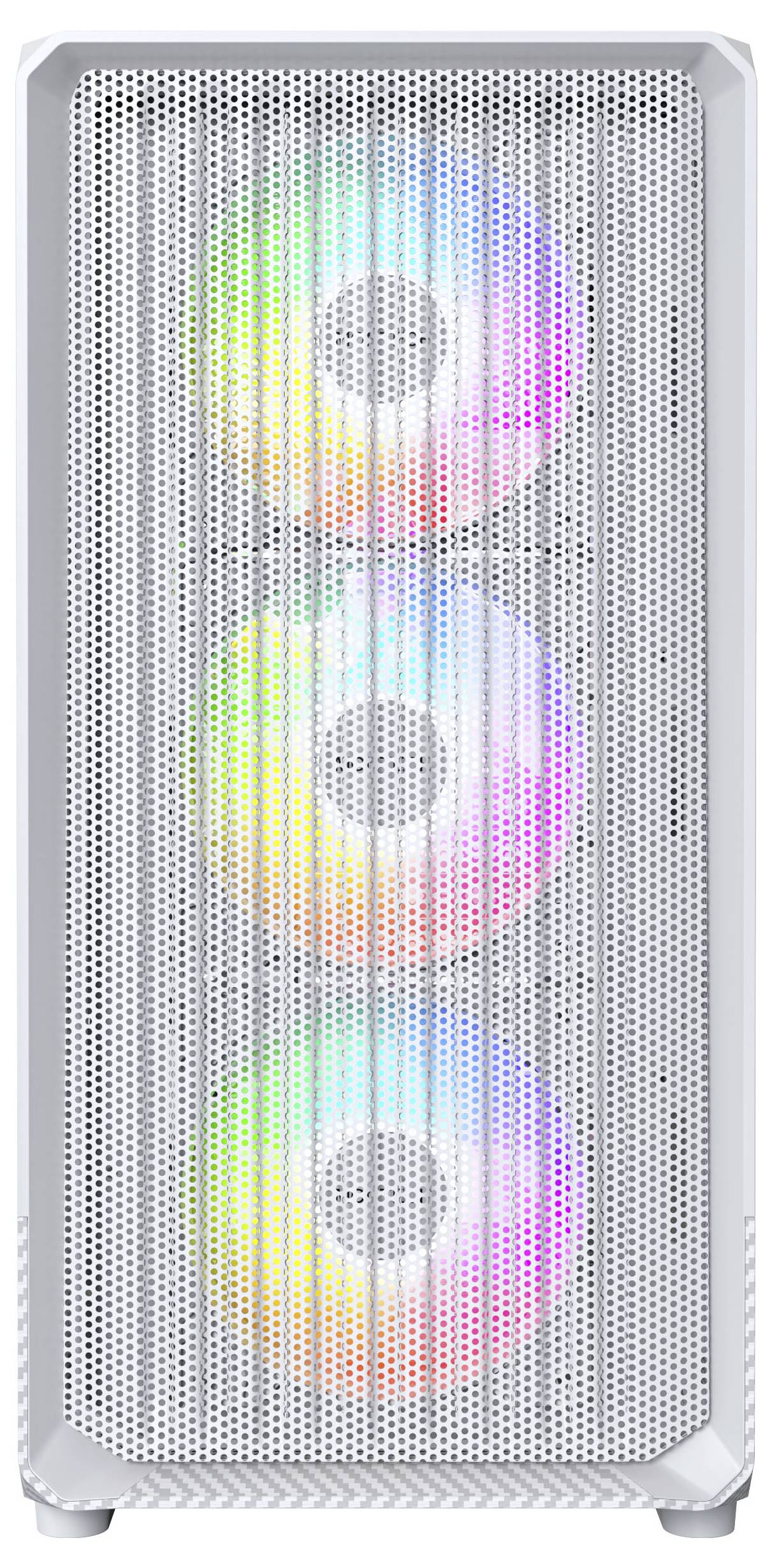 Un case per computer bianco con tre ventole RGB visibili sul davanti, ognuna che illumina di un colore diverso, che indica un sistema di raffreddamento attivo.