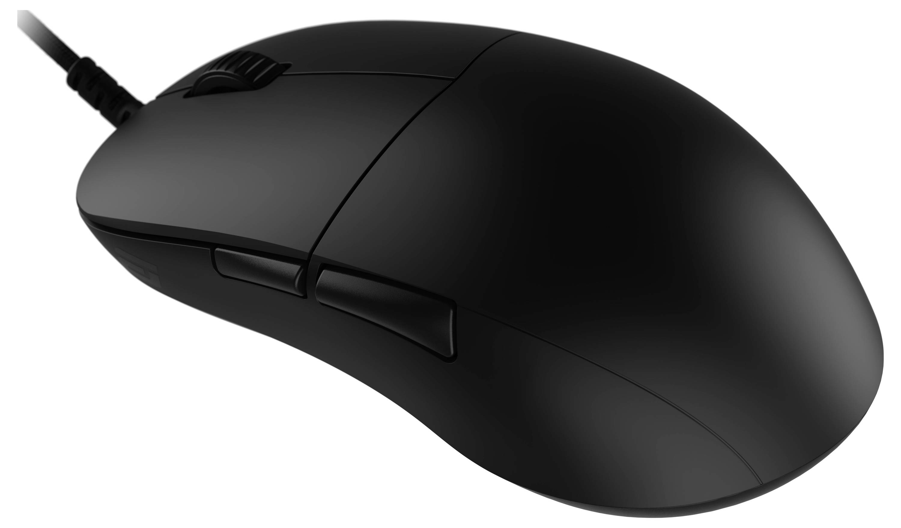 Un mouse per computer nero con fili, dotato di due pulsanti e una rotella di scorrimento, ripreso da un angolazione dall'alto a sinistra, che mostra il suo design elegante e la forma ergonomica.