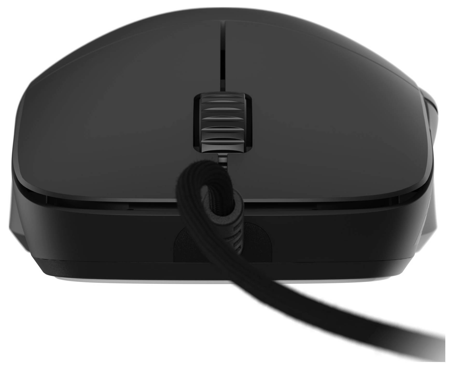 Un mouse per computer nero con cavo, visto frontalmente, che mostra la rotellina di scorrimento e il cavo che si estende verso l'esterno.