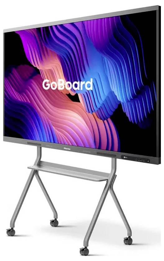 Display touchscreen su un supporto mobile che mostra onde astratte colorate e il testo 'GoBoard'.