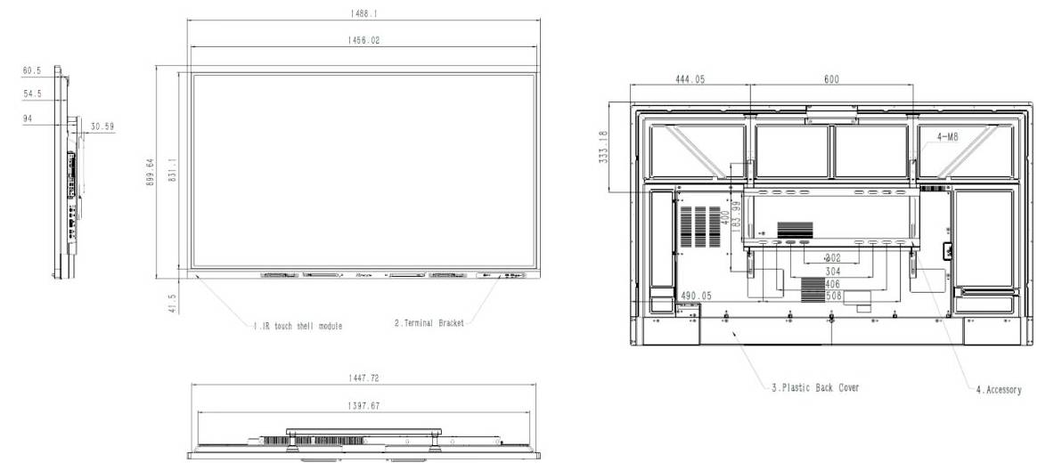 Diagramma tecnico di un dispositivo elettronico che mostra le viste frontale, laterale e posteriore, compresi dimensioni, staffe di montaggio e disposizione dei componenti.