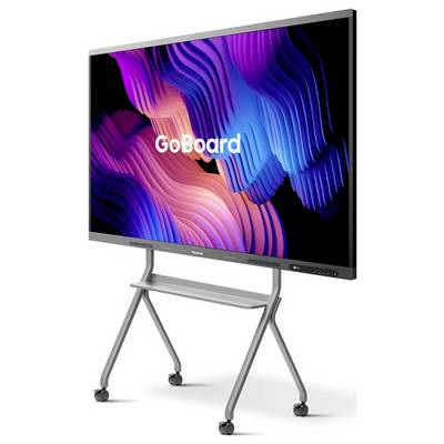 Un display digitale montato su un supporto mostra un vivace pattern astratto ondulato in tonalità blu e rosa con il testo 'GoBoard' in bianco.