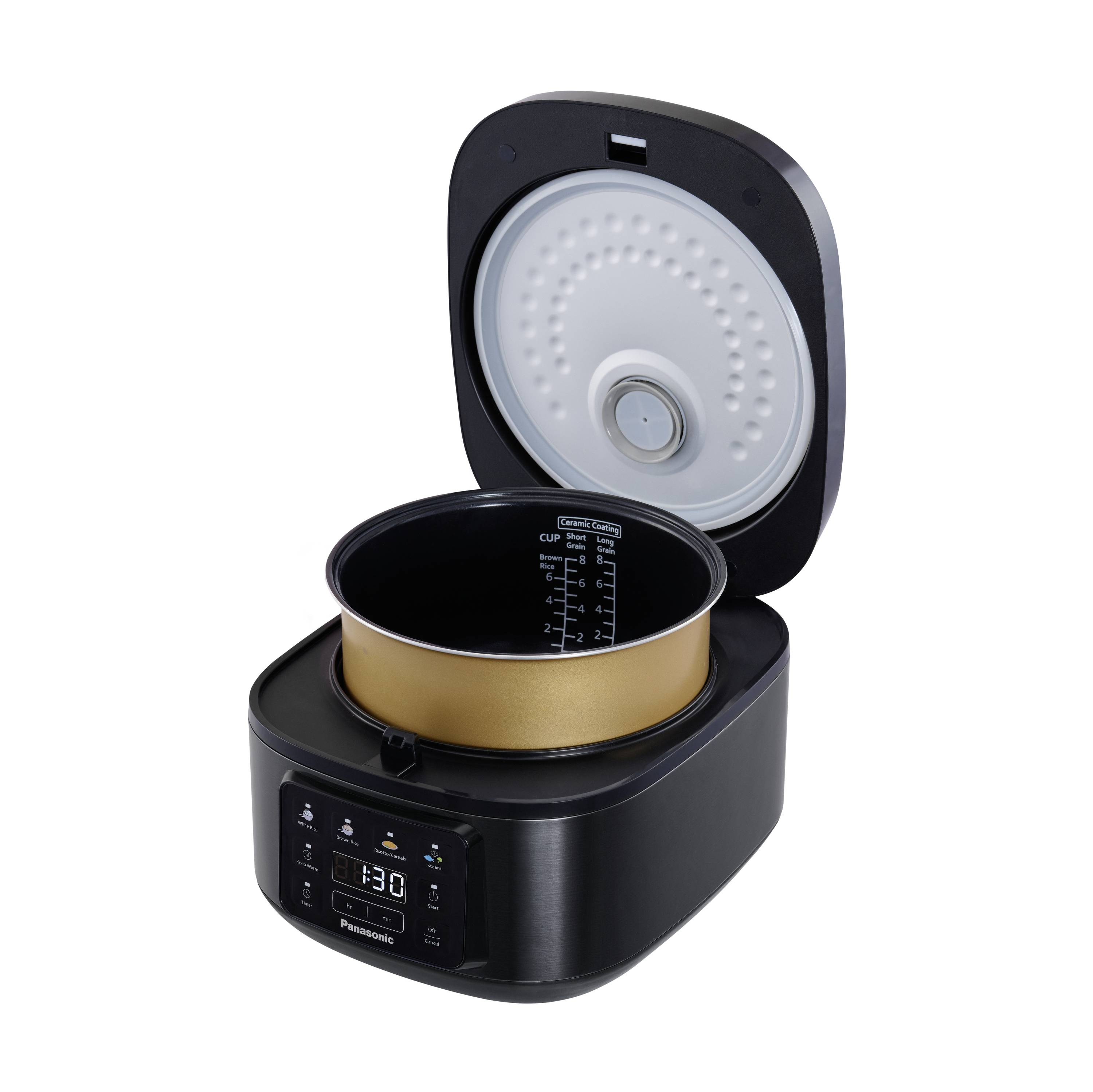 Un rice cooker nero aperto con un display digitale che mostra '13:30'. Il coperchio è sollevato, rivelando la pentola interna con segni di misurazione.