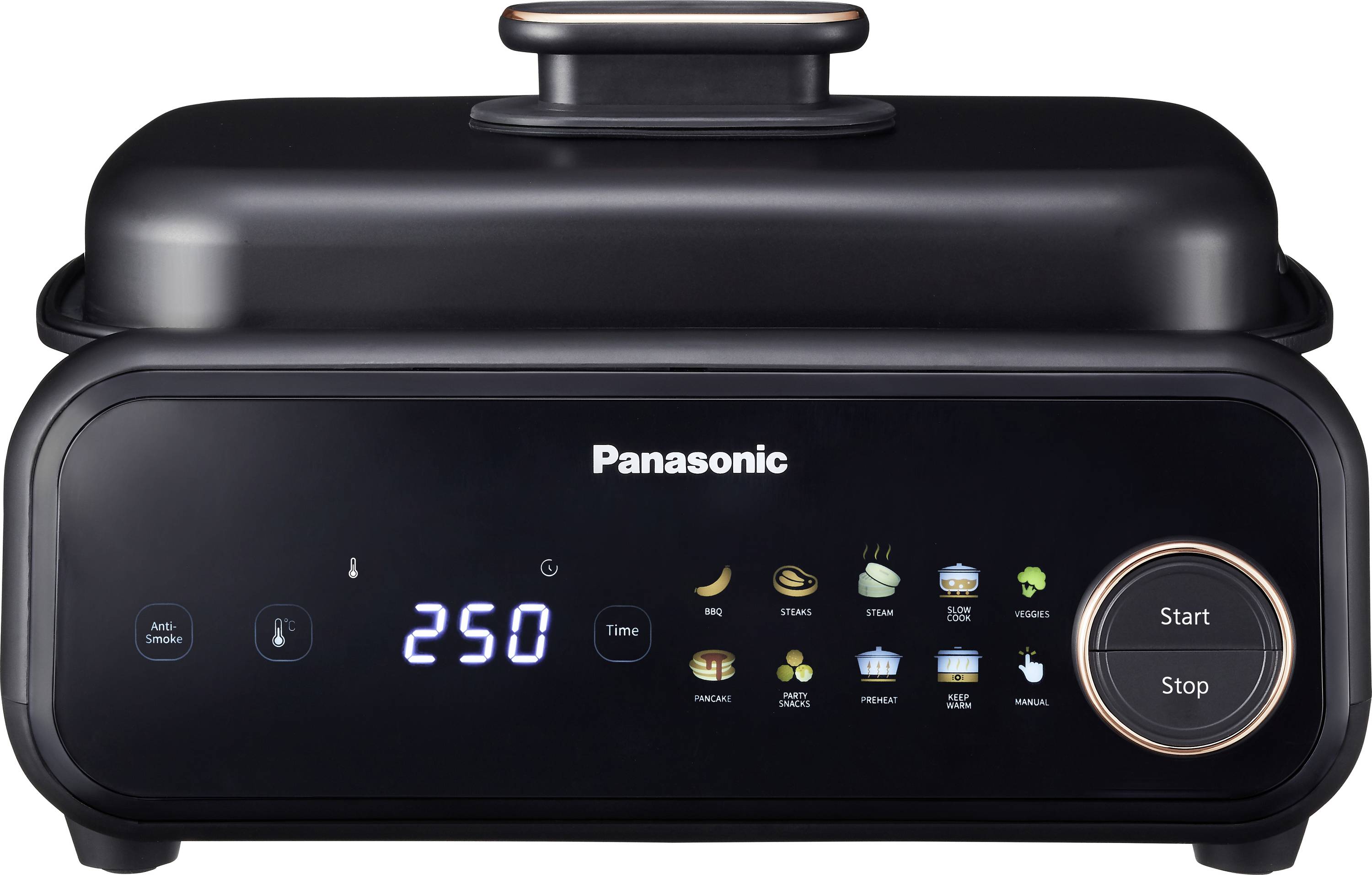 Un elettrodomestico da cucina multifunzionale Panasonic nero con comandi touchscreen, che mostra la temperatura digitale '250' e varie icone di modalità di cottura.
