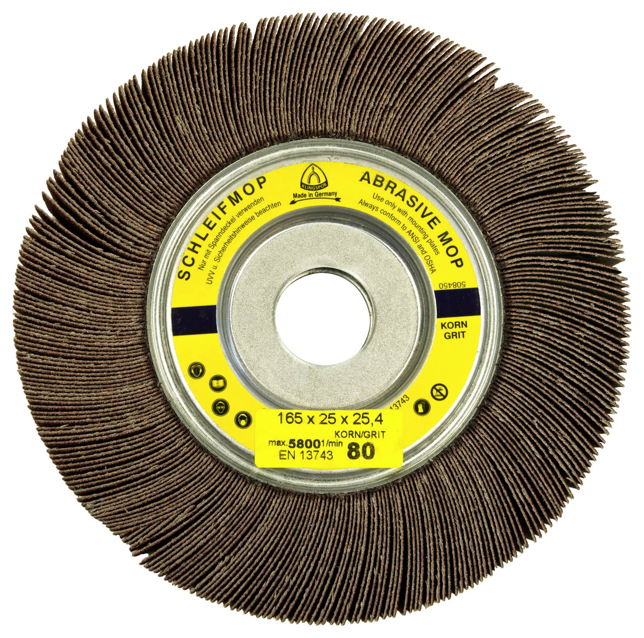 Un disco abrasivo circolare con strisce di carta vetrata marroni e un'etichetta centrale che riporta le specifiche: '165 x 25 x 25.4, grana 80'.