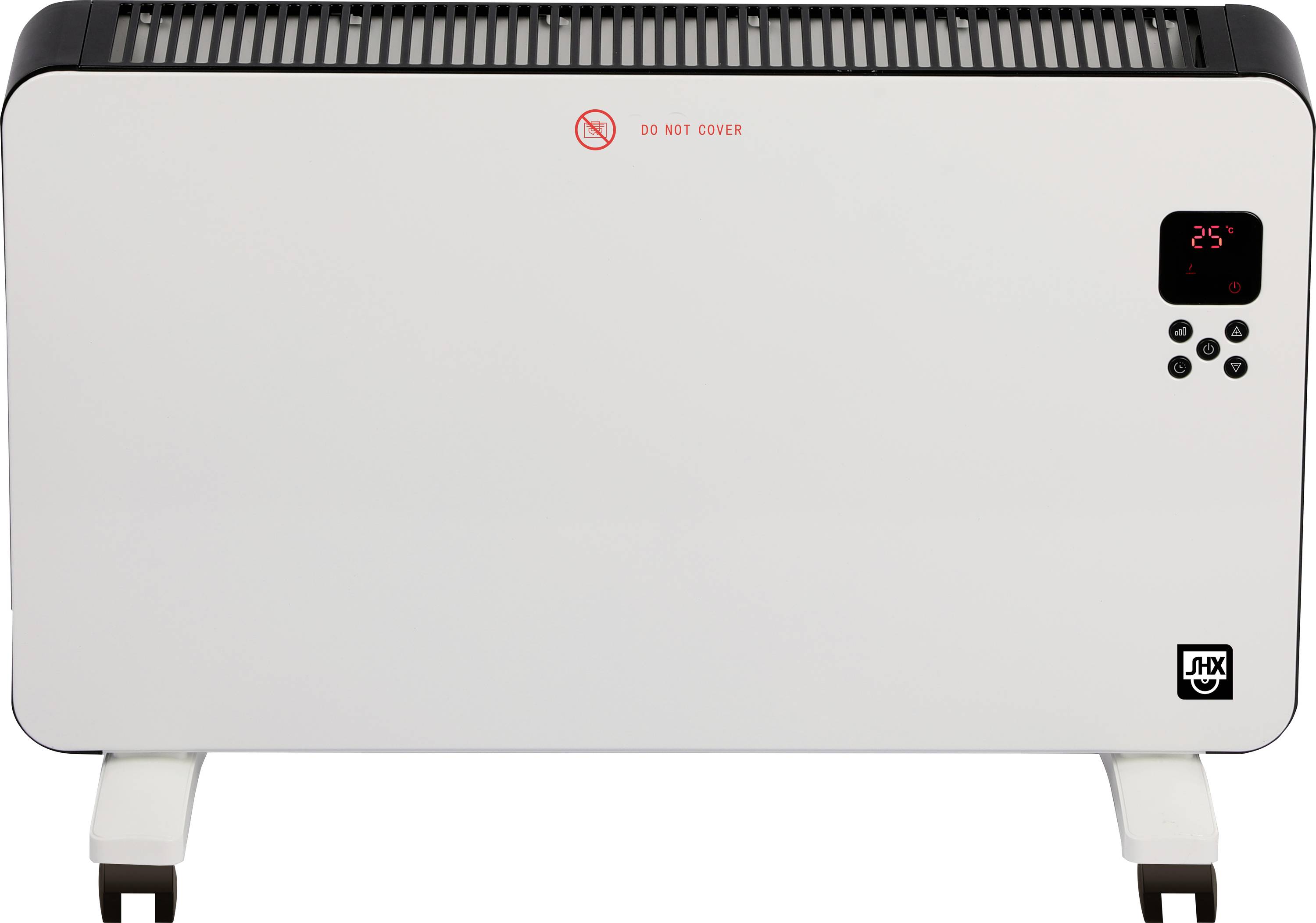 Un riscaldatore elettrico bianco con bordi neri, che mostra '25°C' su uno schermo digitale. Un simbolo recita 'Non coprire' sulla parte anteriore superiore.