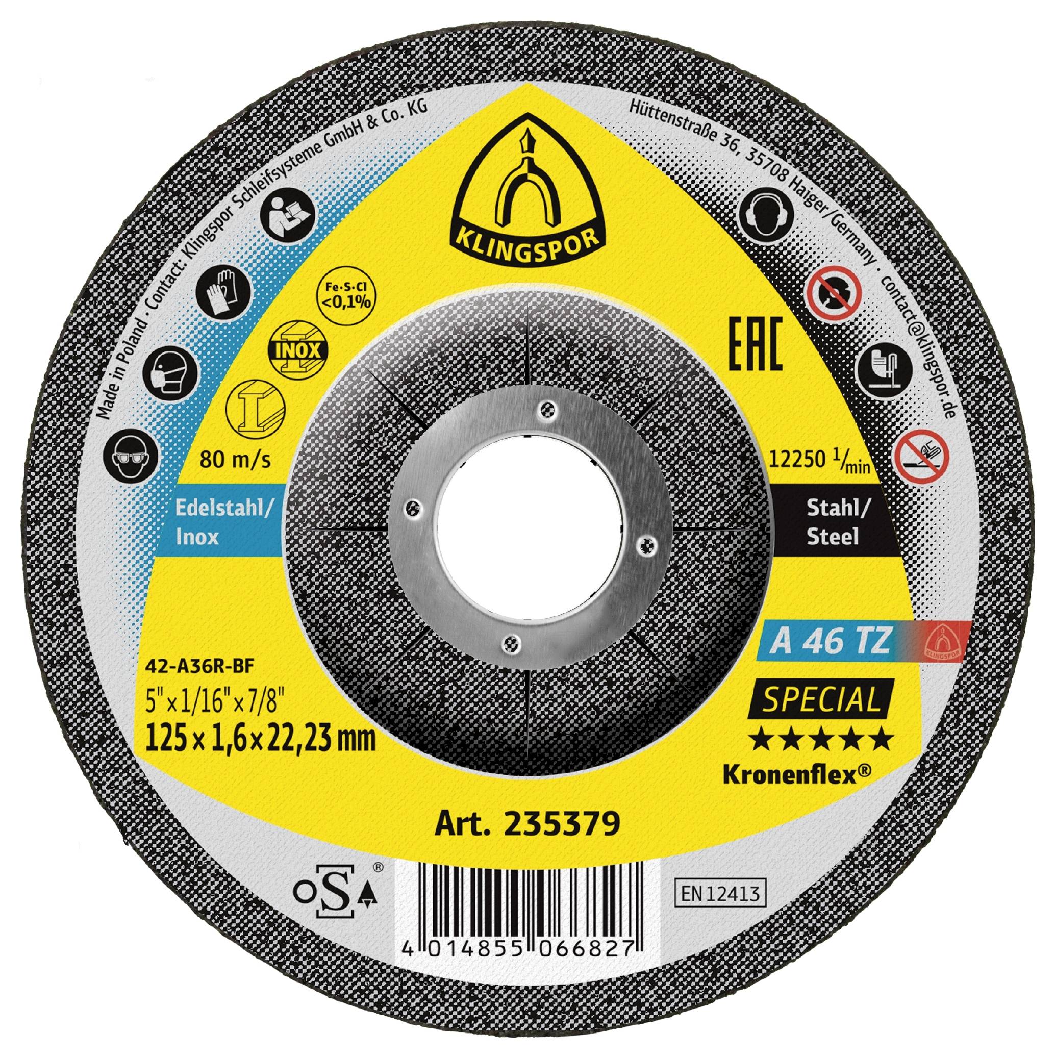 Un disco da taglio in metallo rotondo etichettato 'Klingspor', 125x1,6x22,23 mm, idoneo per acciaio inossidabile, con icone di sicurezza e utilizzo.