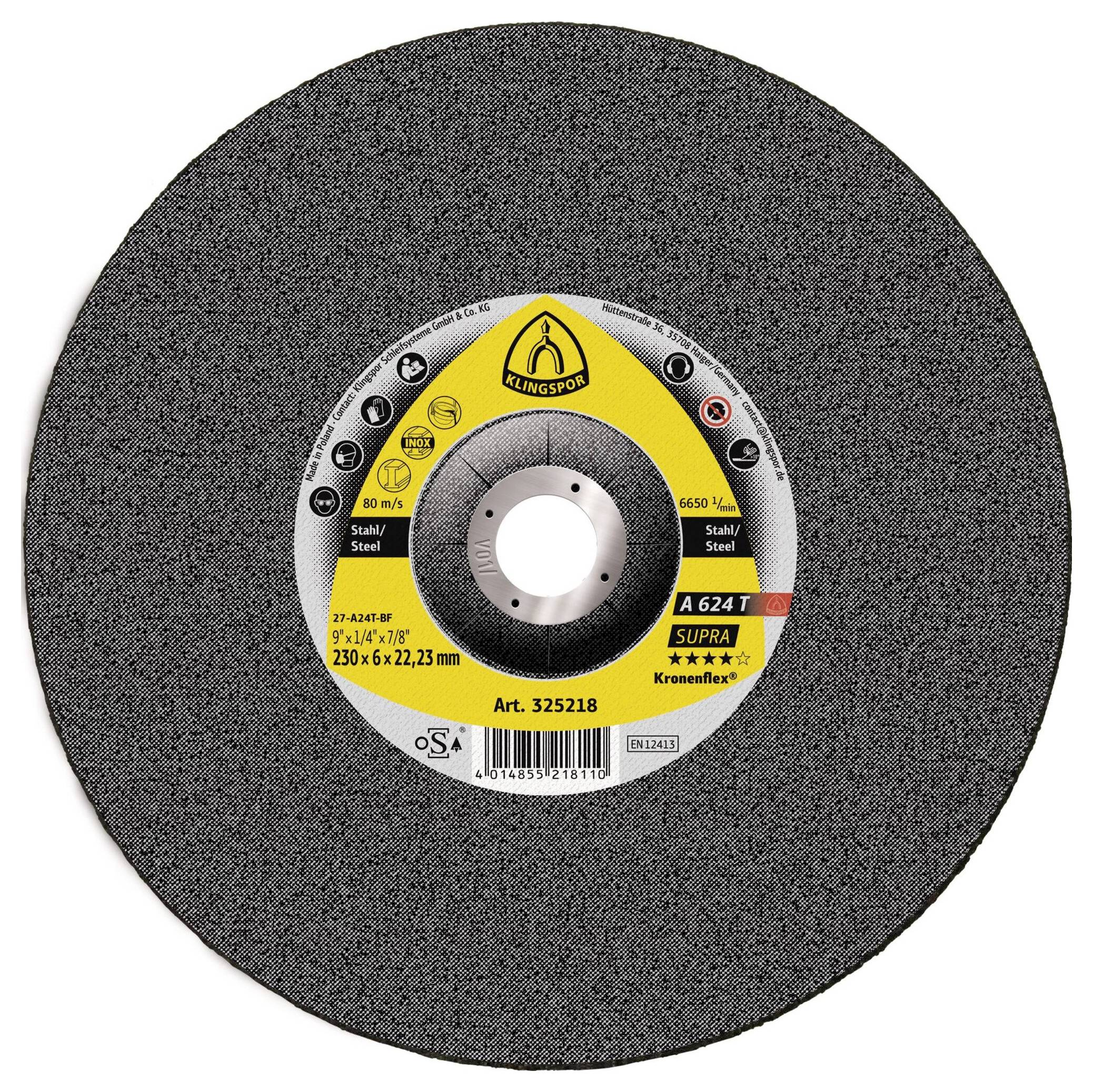 Un disco abrasivo rotondo da taglio per metallo, a marchio 'Klingspor', con specifiche: '230 x 6 x 22,5 mm', adatto all'uso su acciaio.