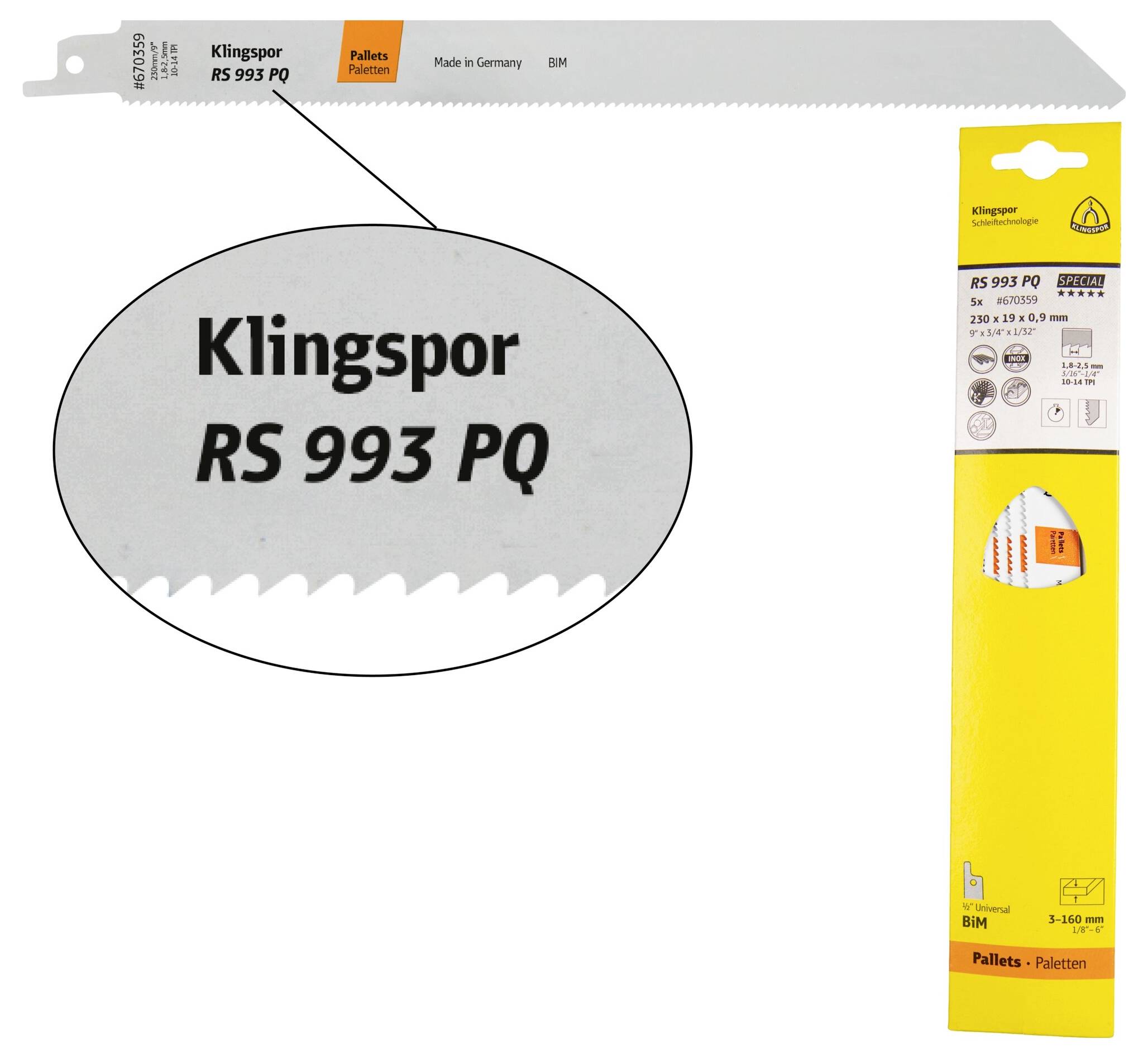 Klingspor 670359 Lame per sega a sciabola PQ RS 993, 230 x 19 x 0,9 mm lunghezza utile 210Bi-Metall, fresate, stradate, -0