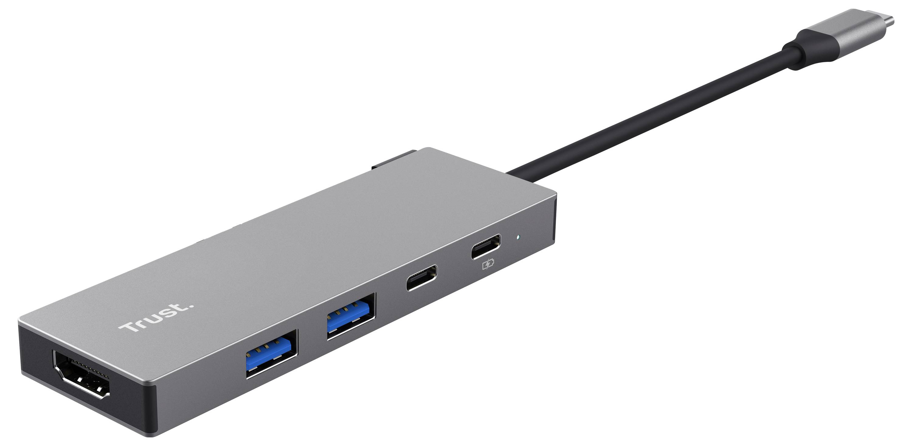 Un hub USB-C elegante e rettangolare con varie porte tra cui HDMI, USB-A, USB-C e uno slot per schede SD, progettato per la connettività dei dispositivi.