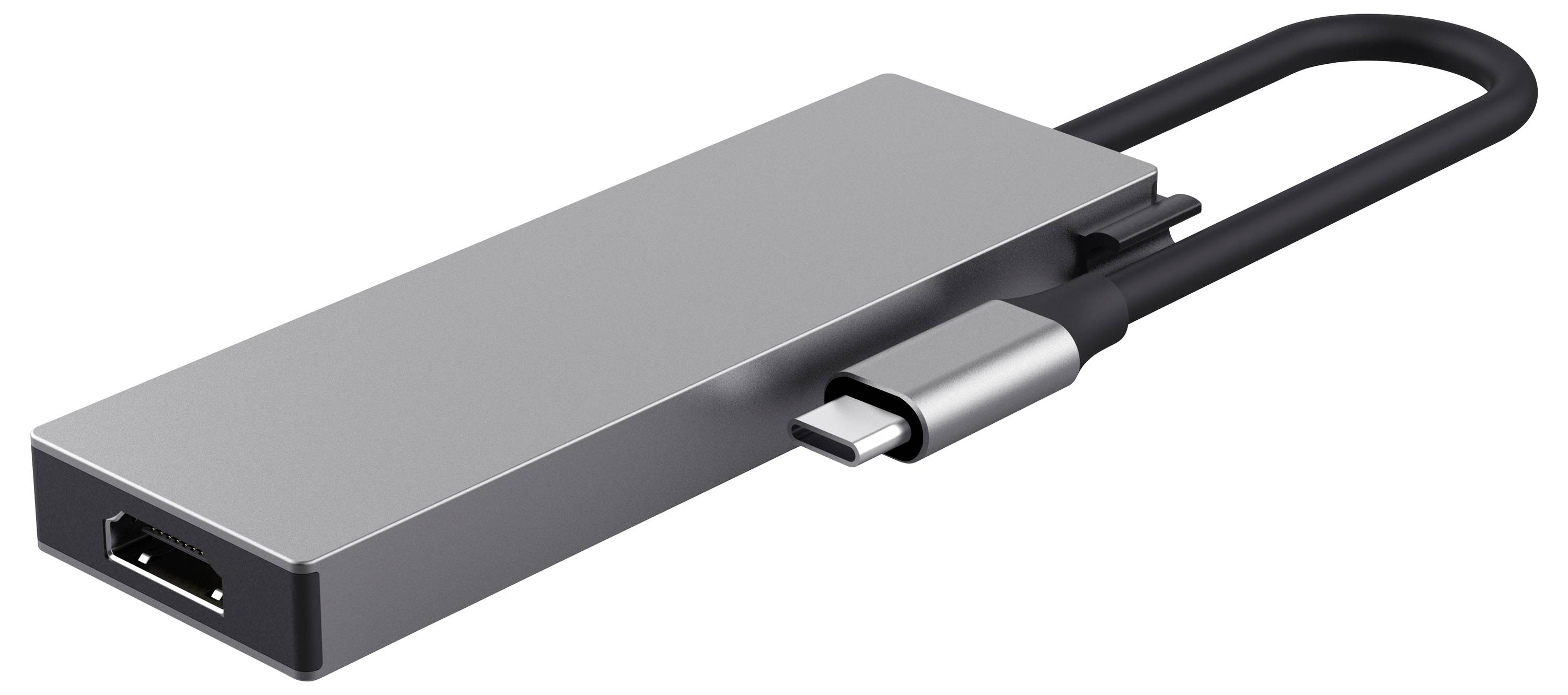 Adattatore sottile e argentato da USB-C a HDMI con cavo nero, progettato per collegare dispositivi a schermi per l'uscita audio e video.