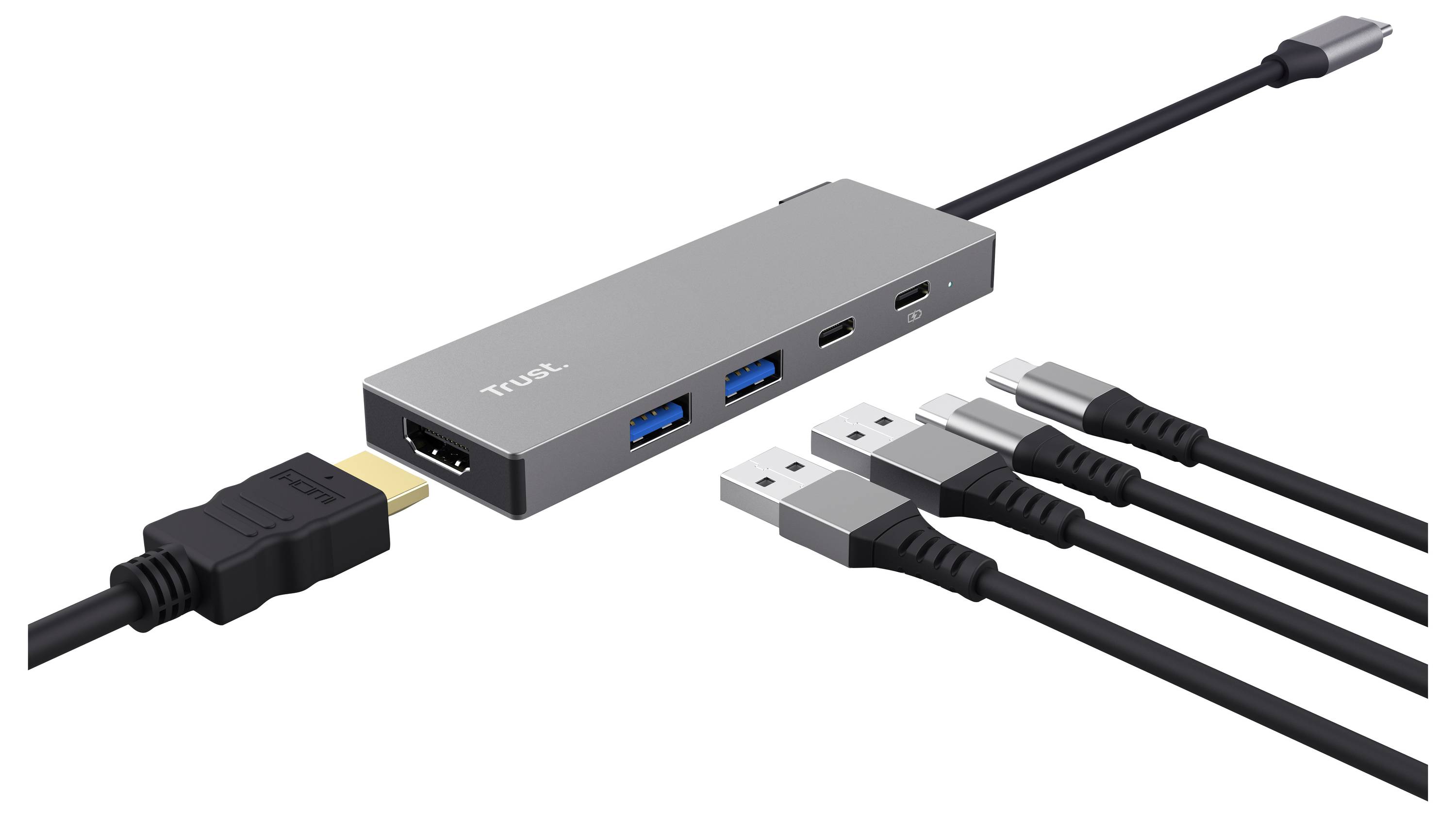 Un hub USB-C con più porte, inclusi HDMI, due USB-A e connettori aggiuntivi. Diversi cavi sono collegati.
