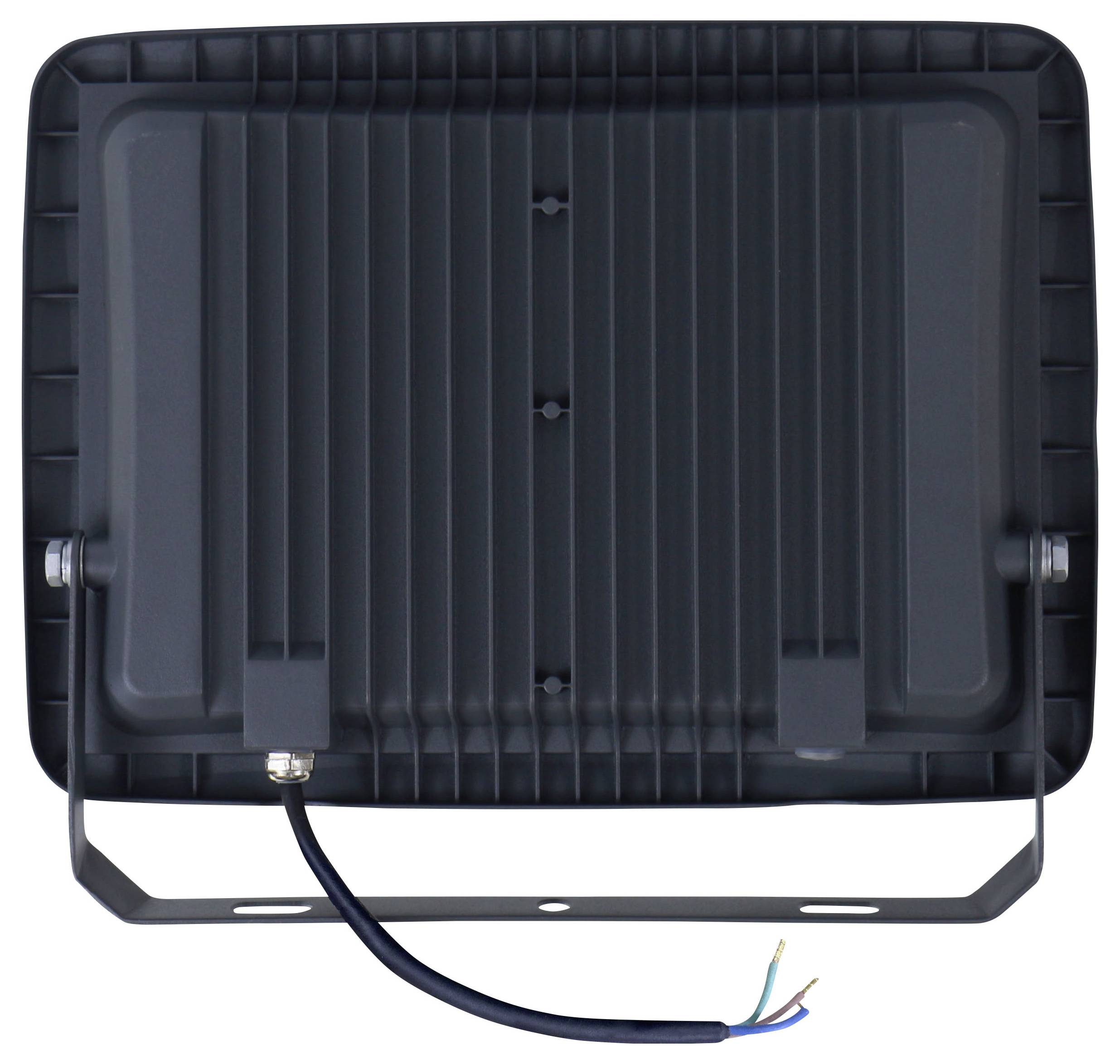 Faro LED rettangolare nero con staffa di montaggio e breve cavo di alimentazione con fili esposti.