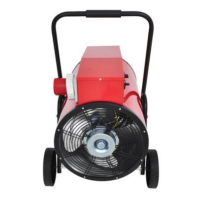 Un ventilatore riscaldatore industriale portatile rosso su ruote, visto dal davanti, con un grande ventilatore e un manico per un trasporto agevole.