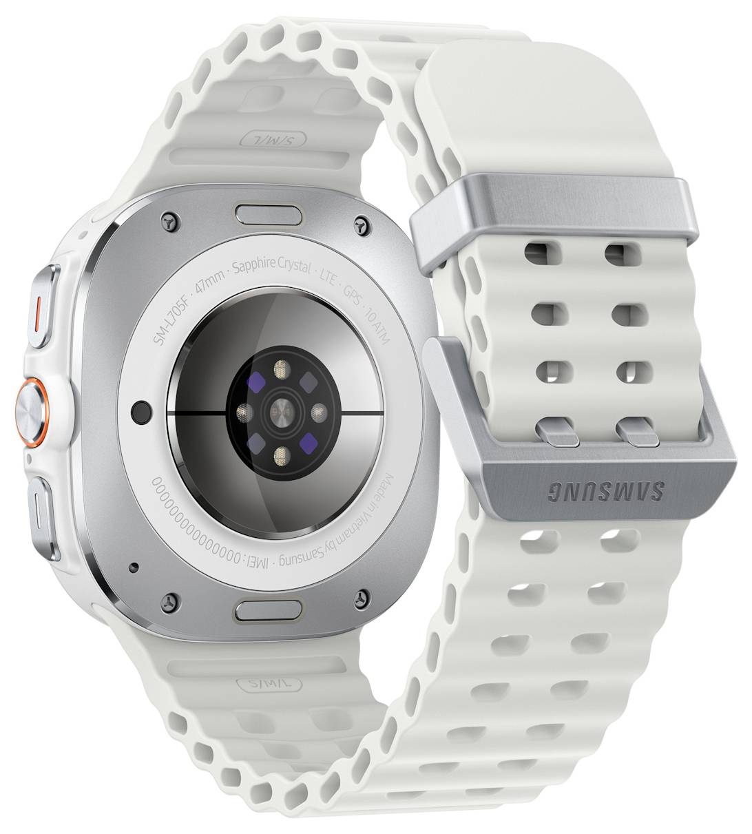 Un smartwatch con cinturino bianco, che mostra il retro argentato dotato di sensori, progettato per il monitoraggio di fitness e salute.