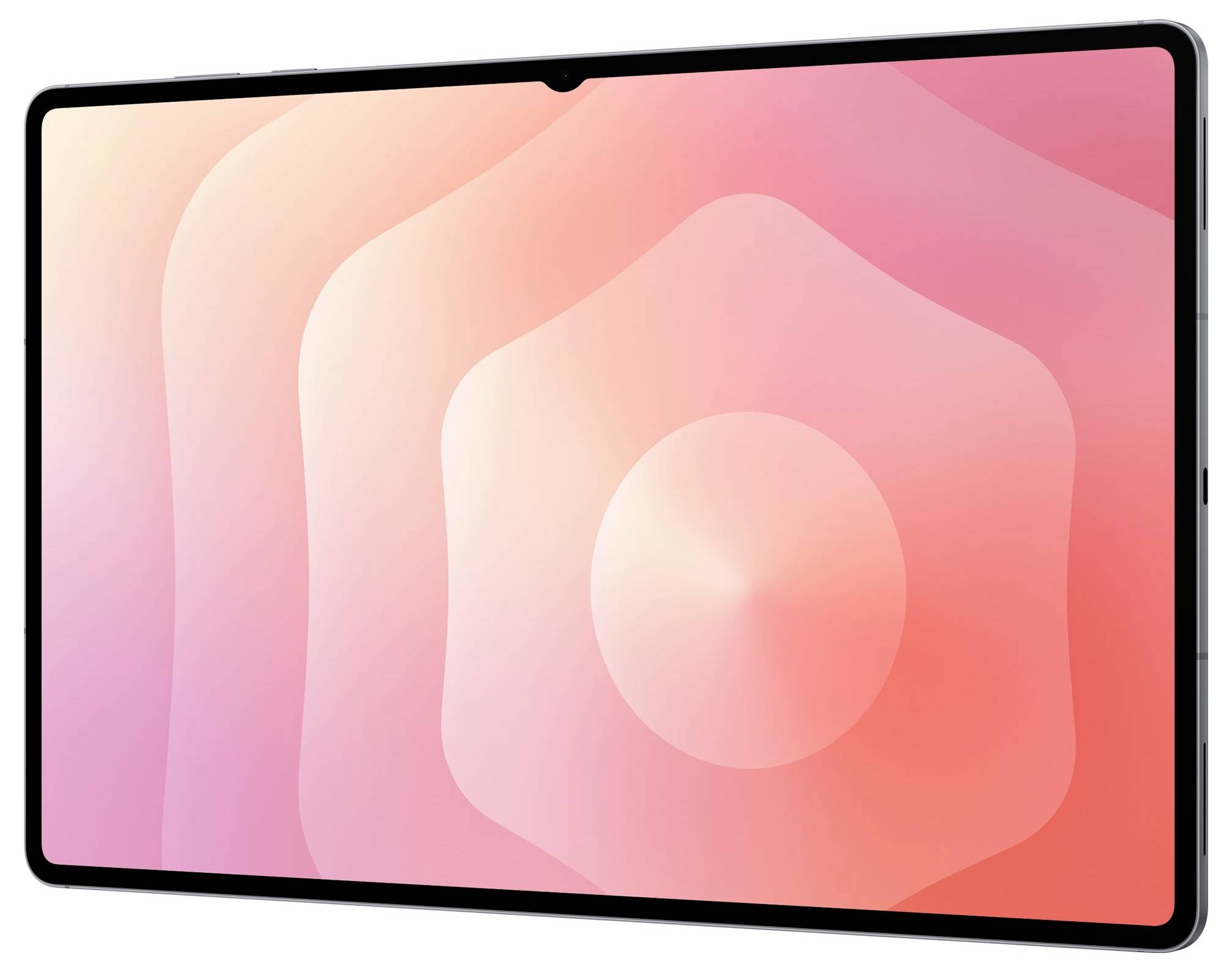 Un tablet con un display ampio che mostra un design sfumato rosa con motivi circolari stratificati e morbidi, visto da un angolo leggermente inclinato.